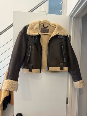 Zara Dark Brown Faux Leather Shearling Jacket with Cream Lining